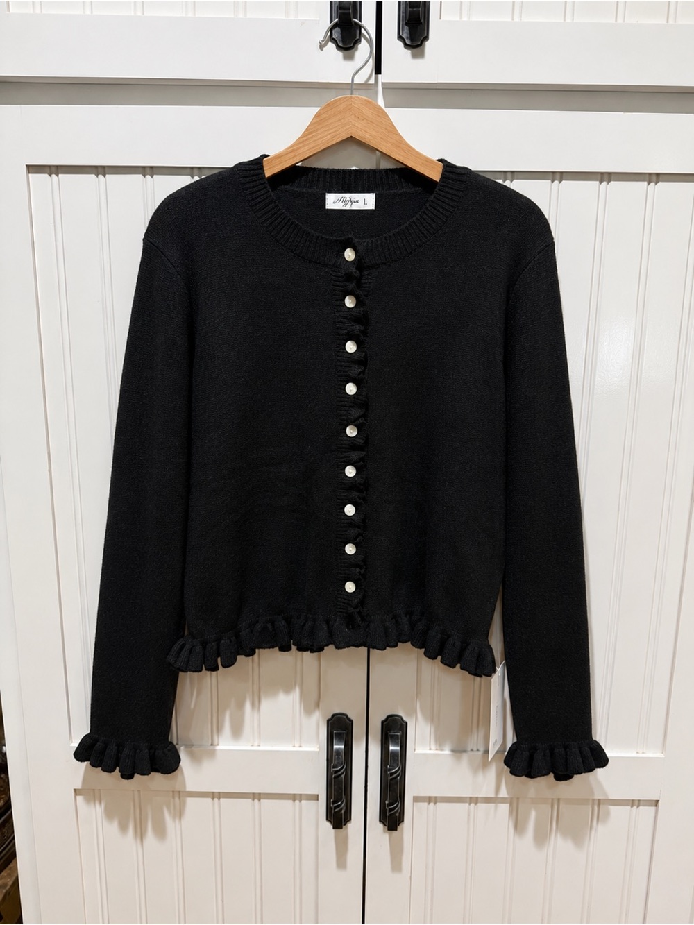 Black Ruffle Front Cardigan Sweater NWT Size Large Soft Knit
